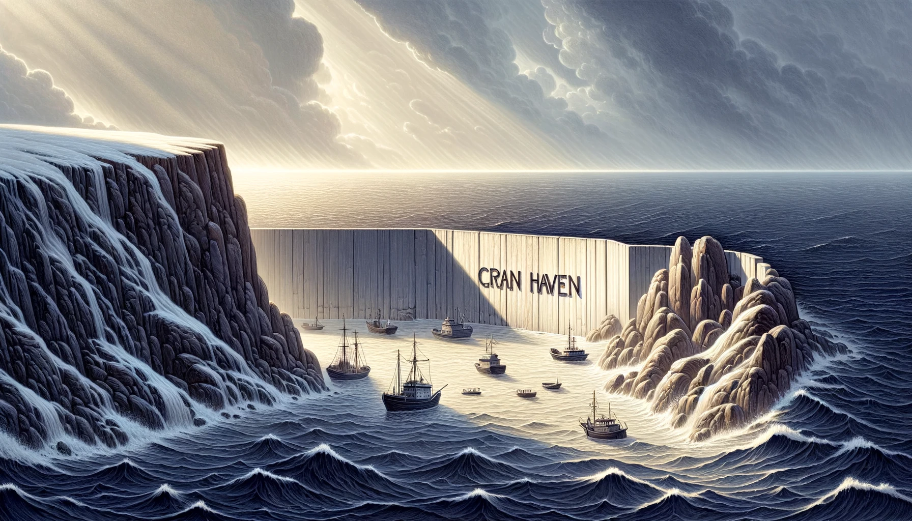 Image depicting a dramatic and stylized seascape. There is a large, cliff-like formation on the left with water cascading down its side, simulating a waterfall. On the right, a massive, vertical wall with the words 'CRAN HAVEN' written on it creates a stark contrast with the natural features. The wall appears to be constructed out of container-like structures, suggesting a man-made barrier or perhaps an installation by the sea. In the water, several ships are visible at varying distances from the viewer, likely representing different types of fishing or sailing vessels. They add a sense of scale and activity to the scene. Above, the sky is filled with textured clouds, and sunbeams break through them, casting a warm light on the ocean and parts of the cliffs, which creates a visually striking effect. The overall atmosphere is one of a surreal blend between the natural world and human influence, possibly implying a safe harbor or refuge symbolized by the words on the wall. The art style is reminiscent of a digital painting, with a high level of detail and a dramatic interplay of light and shadow.